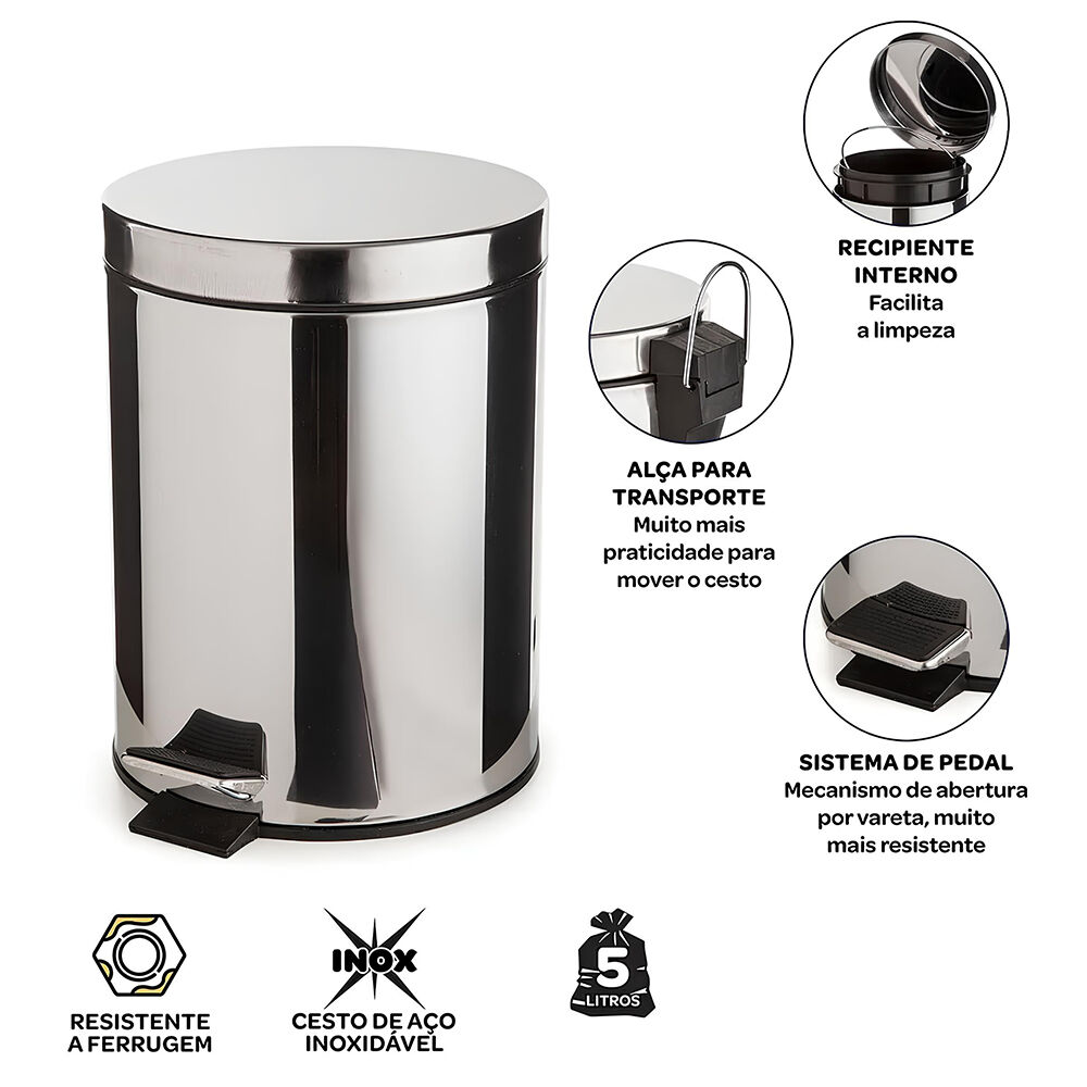 Lixeira Redonda de Chão em Inox 5 Litros com Pedal