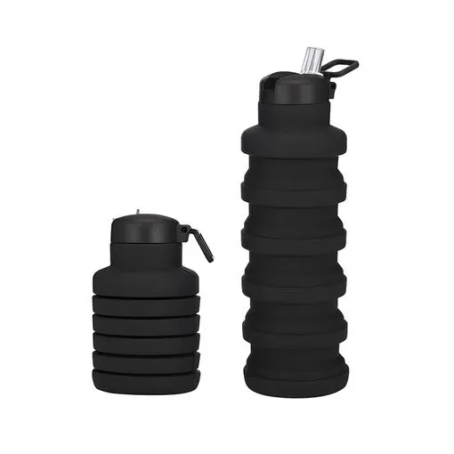 Garrafa Silicone Retrátil Dobrável Portátil 500ml com Bico e Alça Preta