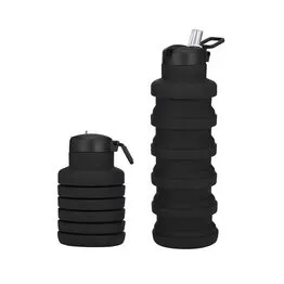 Garrafa Silicone Retrátil Dobrável Portátil 500ml com Bico e Alça Preta
