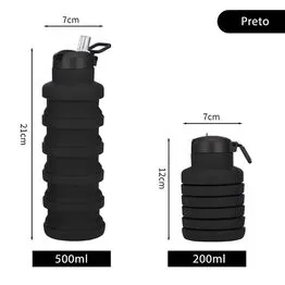 Garrafa Silicone Retrátil Dobrável Portátil 500ml com Bico e Alça Preta