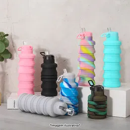 Garrafa Silicone Retrátil Dobrável Portátil 500ml com Bico e Alça Preta