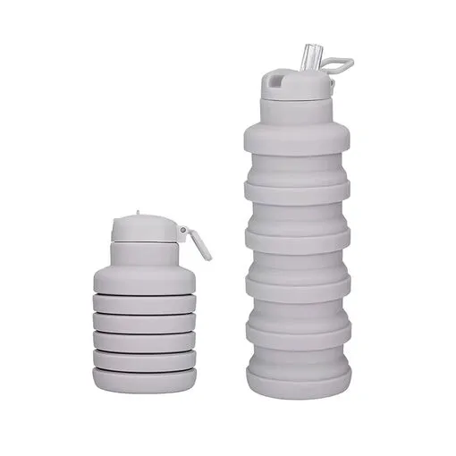 Garrafa Silicone Retrátil Dobrável Portátil 500ml com Bico e Alça Cinza