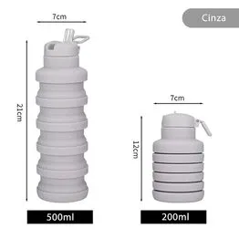 Garrafa Silicone Retrátil Dobrável Portátil 500ml com Bico e Alça Cinza