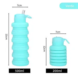 Garrafa Silicone Retrátil Dobrável Portátil 500ml com Bico e Alça Verde