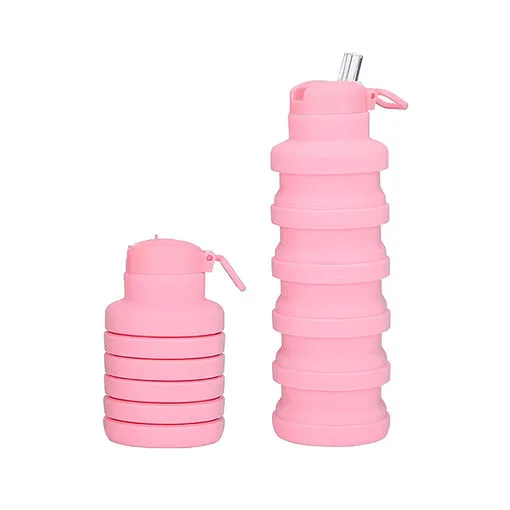 Garrafa Silicone Retrátil Dobrável Portátil 500ml com Bico e Alça Rosa