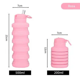 Garrafa Silicone Retrátil Dobrável Portátil 500ml com Bico e Alça Rosa