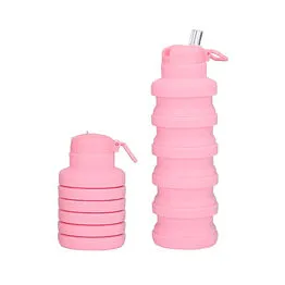 Garrafa Silicone Retrátil Dobrável Portátil 500ml com Bico e Alça Rosa