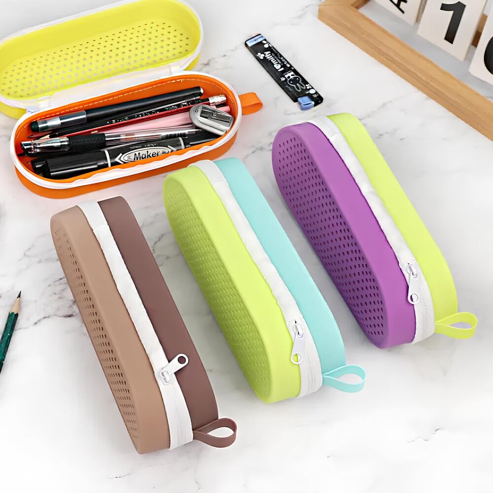 Estojo de Silicone Escolar Lápis e Canetas Grande Criativo com Zíper Marrom