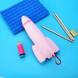 Estojo Foguete 2 em 1 com Apontador de Lápis Infantil Porta Material Escolar Azul
