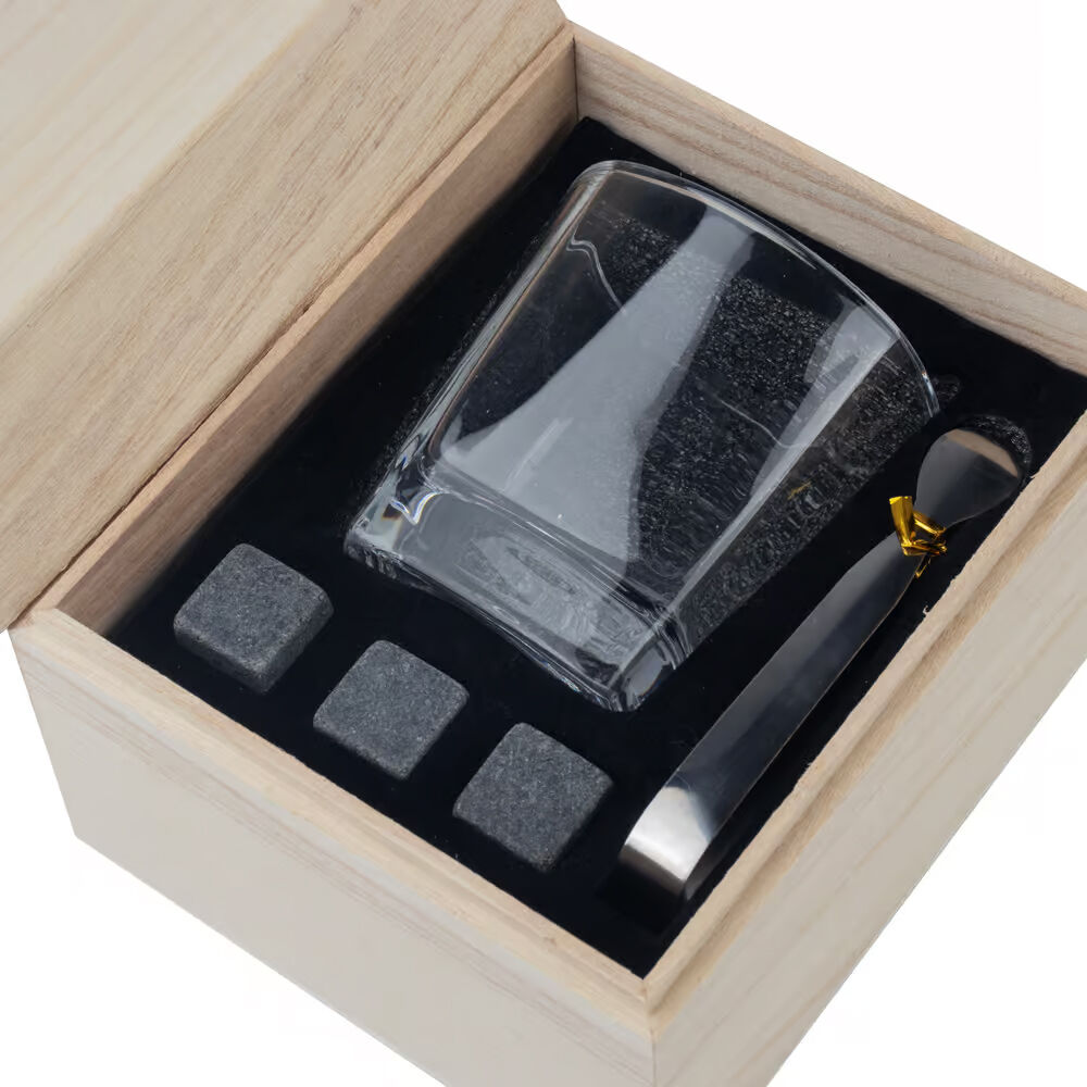 Kit Copo para Whisky + Pegador de Gelo + 3 Cubos de Pedra-sabão e Caixa de Madeira