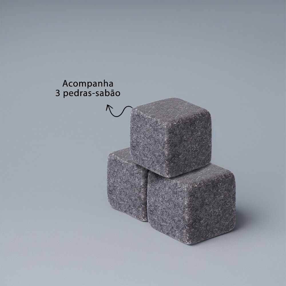 Kit Copo para Whisky + Pegador de Gelo + 3 Cubos de Pedra-sabão e Caixa de Madeira