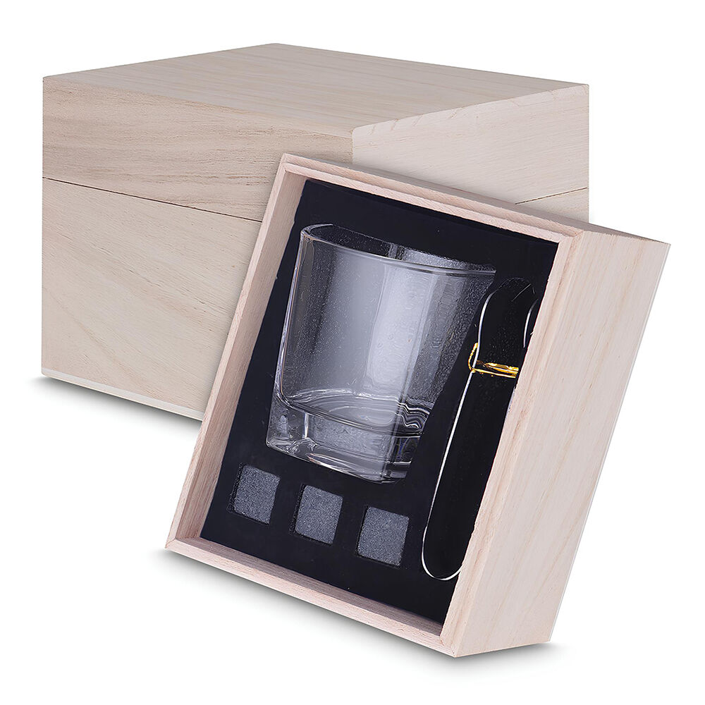 Kit Copo para Whisky + Pegador de Gelo + 3 Cubos de Pedra-sabão e Caixa de Madeira