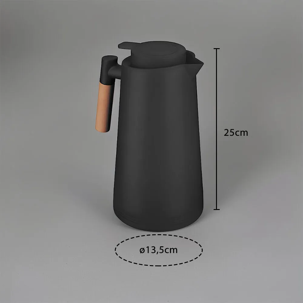 Garrafa Térmica Bule 1 Litro Parede Dupla com Ampola de Vidro e Alça de Madeira Preta