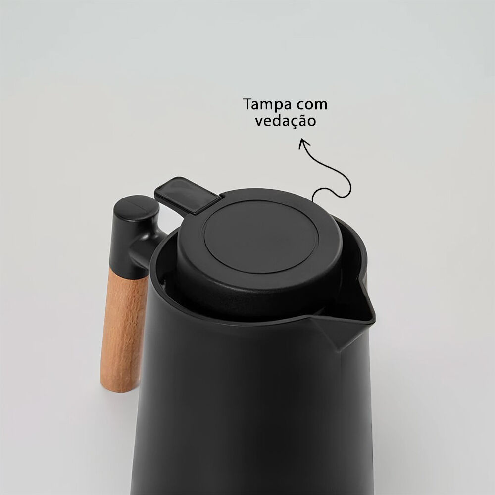 Garrafa Térmica Bule 1 Litro Parede Dupla com Ampola de Vidro e Alça de Madeira Marrom