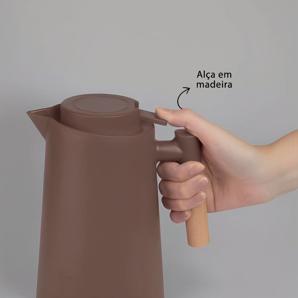 Garrafa Térmica Bule 1 Litro Parede Dupla com Ampola de Vidro e Alça de Madeira Marrom