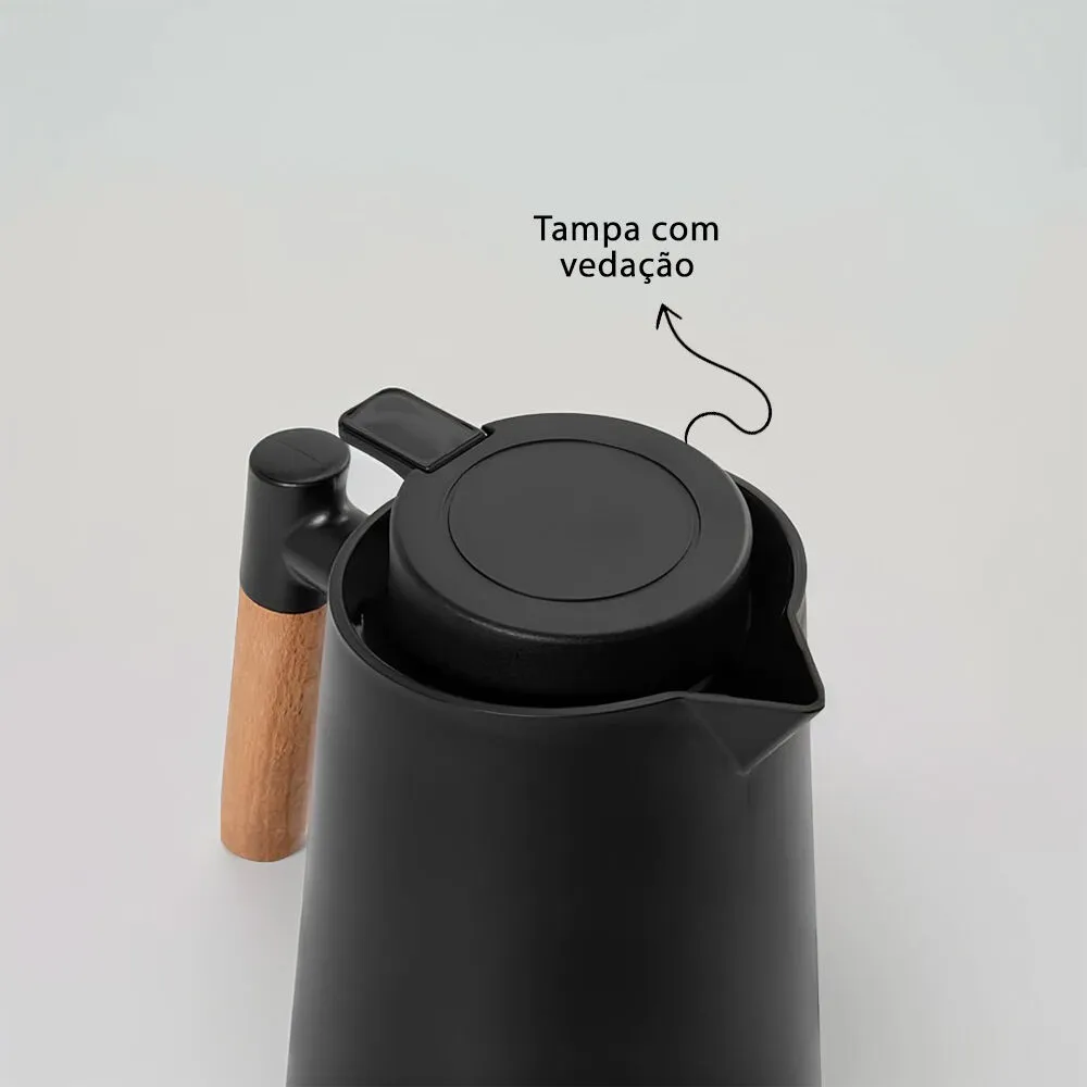 Garrafa Térmica Bule 1 Litro Parede Dupla com Ampola de Vidro e Alça de Madeira Branca