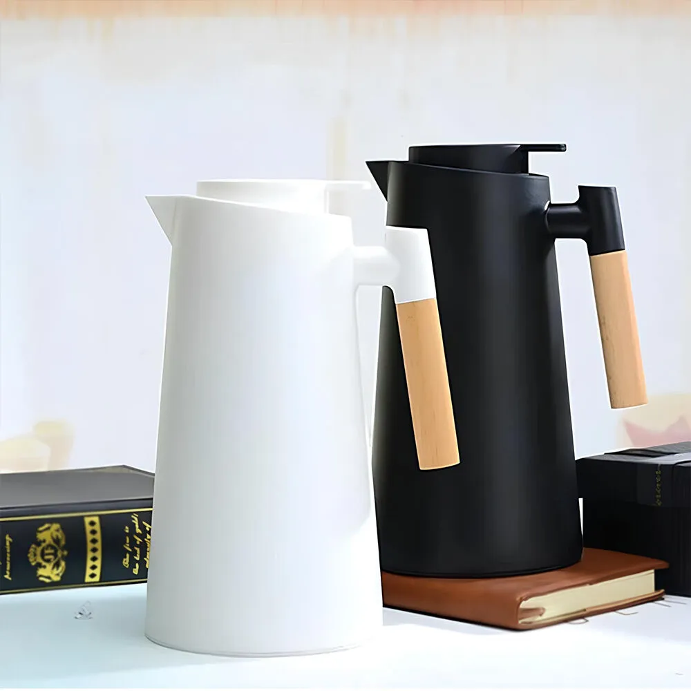 Garrafa Térmica Bule 1 Litro Parede Dupla com Ampola de Vidro e Alça de Madeira Branca