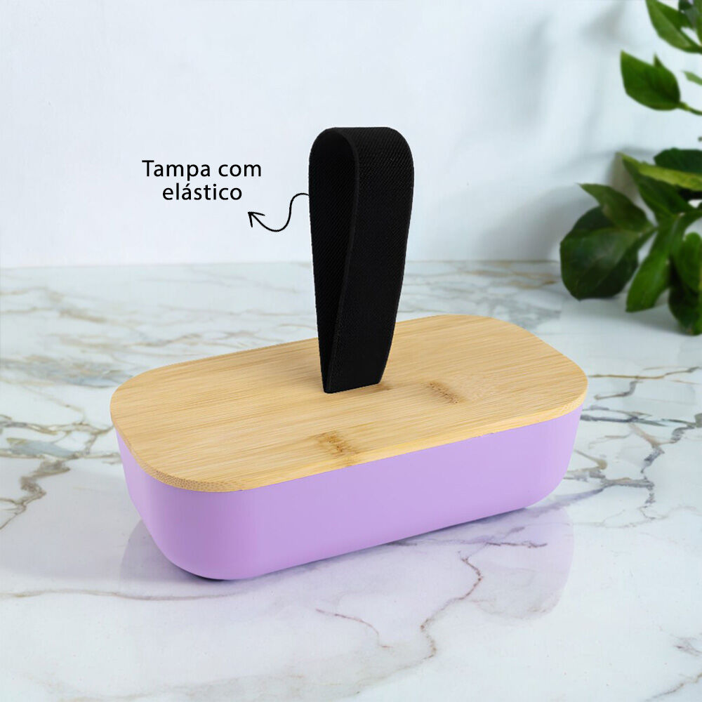 Lancheira Plástica 700ml com Tampa de Bambu com Elástico Lilás