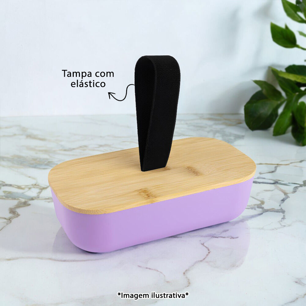 Lancheira Plástica 700ml com Tampa de Bambu com Elástico Branca