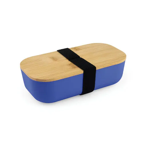 Lancheira Plástica 700ml com Tampa de Bambu com Elástico Azul