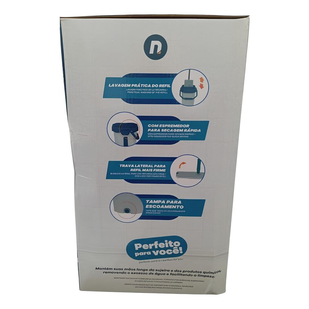 Flat Mop com Balde Cinza 10L, Espremedor e Refil de Microfibra - Nobre