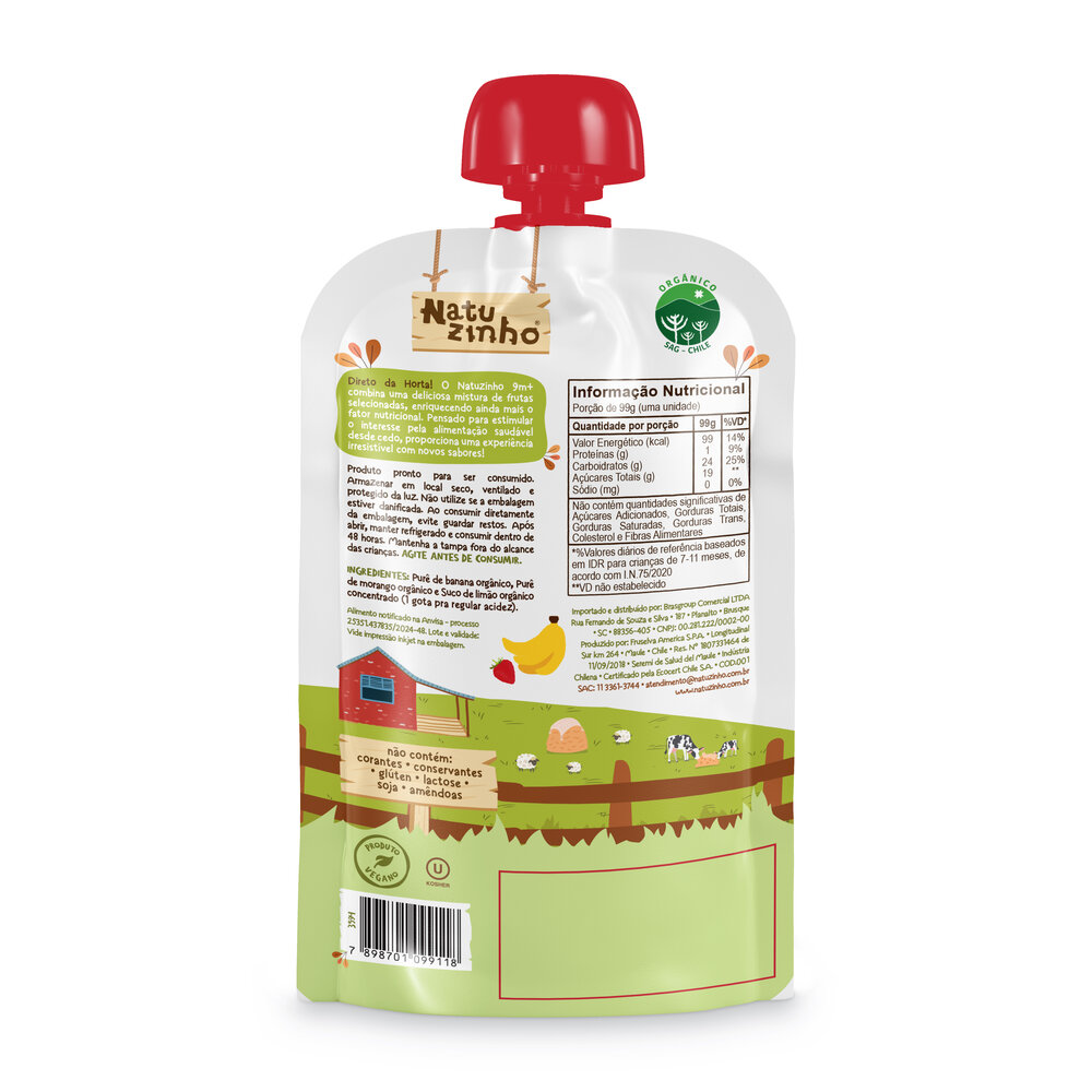 Papinha de Fruta Orgânica Natuzinho Morango e Banana 100g – Sem Conservantes