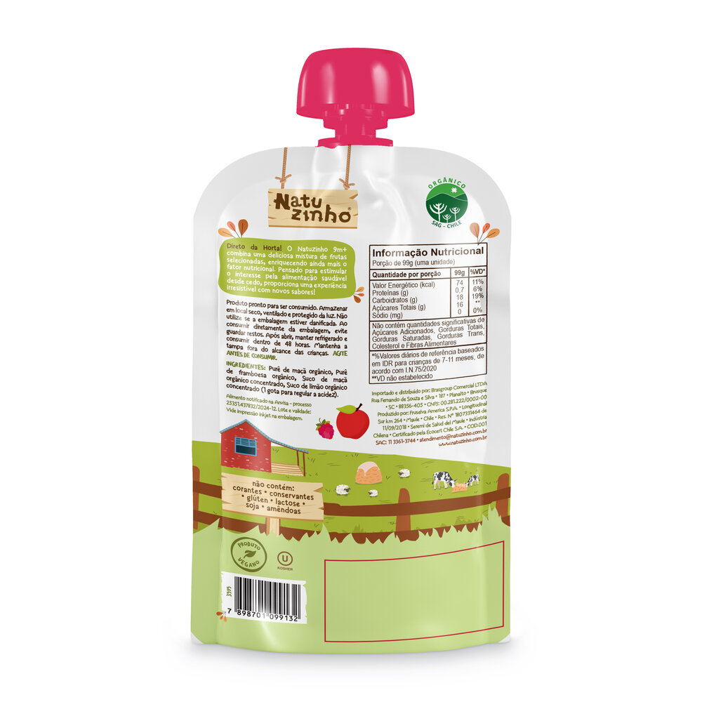 Papinha de Fruta Orgânica Natuzinho Maçã e Framboesa 100g – Sem Conservantes