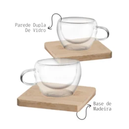 Kit 2 Xícaras Vidro Borossilicato Parede Dupla 60ml com Suporte Bambu