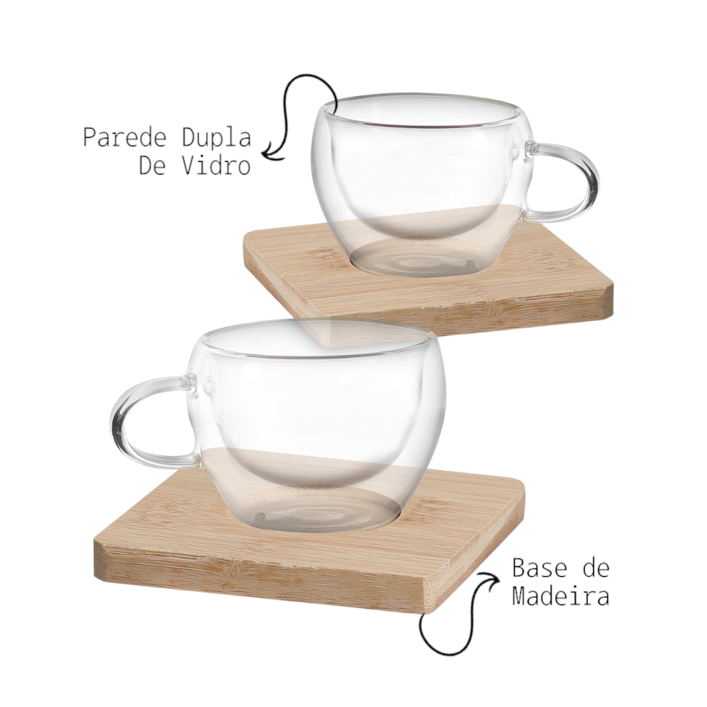 Kit 2 Xícaras Vidro Borossilicato Parede Dupla 60ml com Suporte Bambu