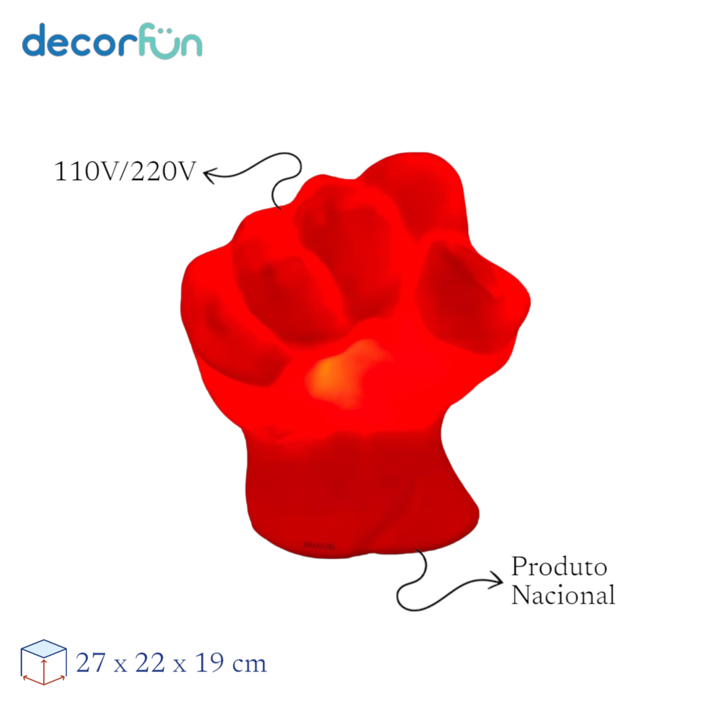 Luminária 3D Mão Incrível Hulk Vermelho Marvel Decoração Geek