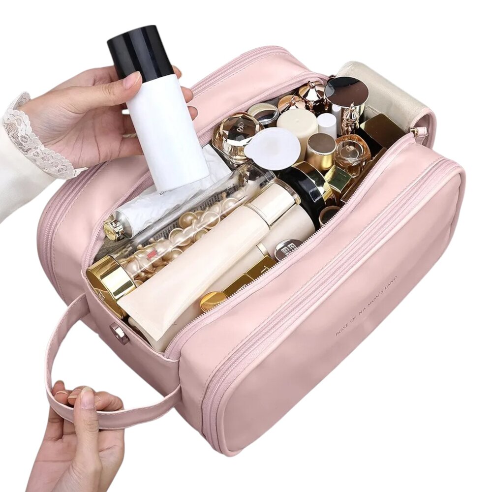 Bolsa de Maquiagem Necessaire para Viagem Grande Rosa com Forro e Zíper Duplo