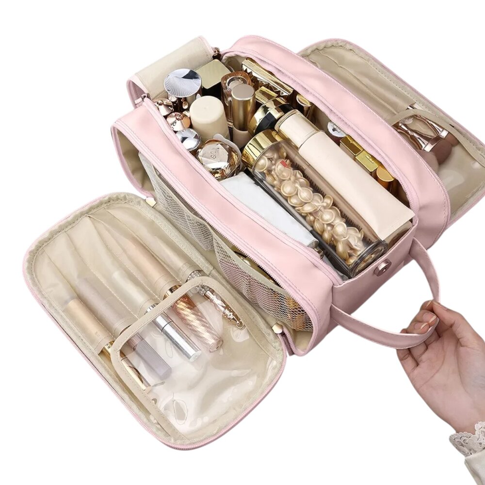 Bolsa de Maquiagem Necessaire para Viagem Grande Rosa com Forro e Zíper Duplo