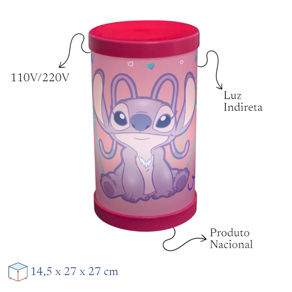 Luminária Abajur Angel Stitch Disney Luz Difusa 110/220V Oficial Rosa