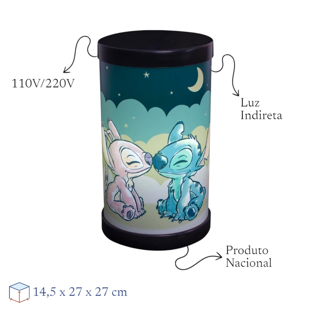 Luminária Abajur Angel e Stitch Disney Luz Difusa 110/220V Oficial Preta