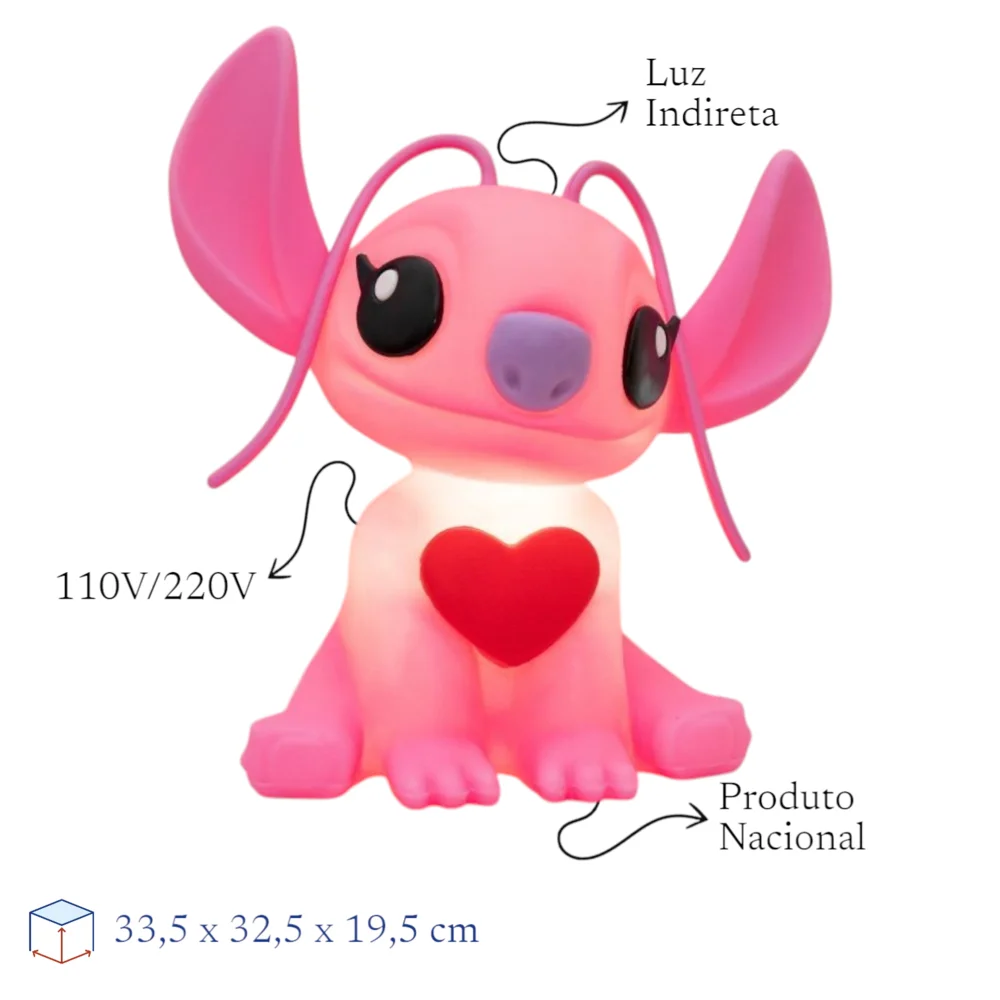 Luminária 3D Angel Stitch com Coração Disney Decoração Criativa
