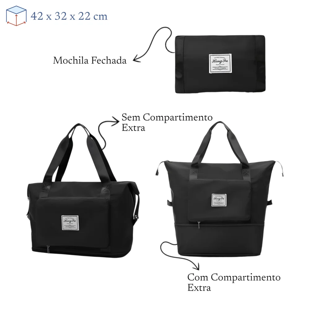 Bolsa de Viagem Mochila Dobrável Grande Impermeável Preta