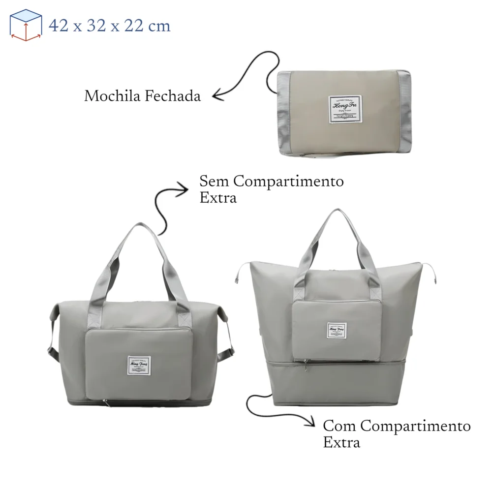 Bolsa de Viagem Mochila Dobrável Grande Impermeável Cinza