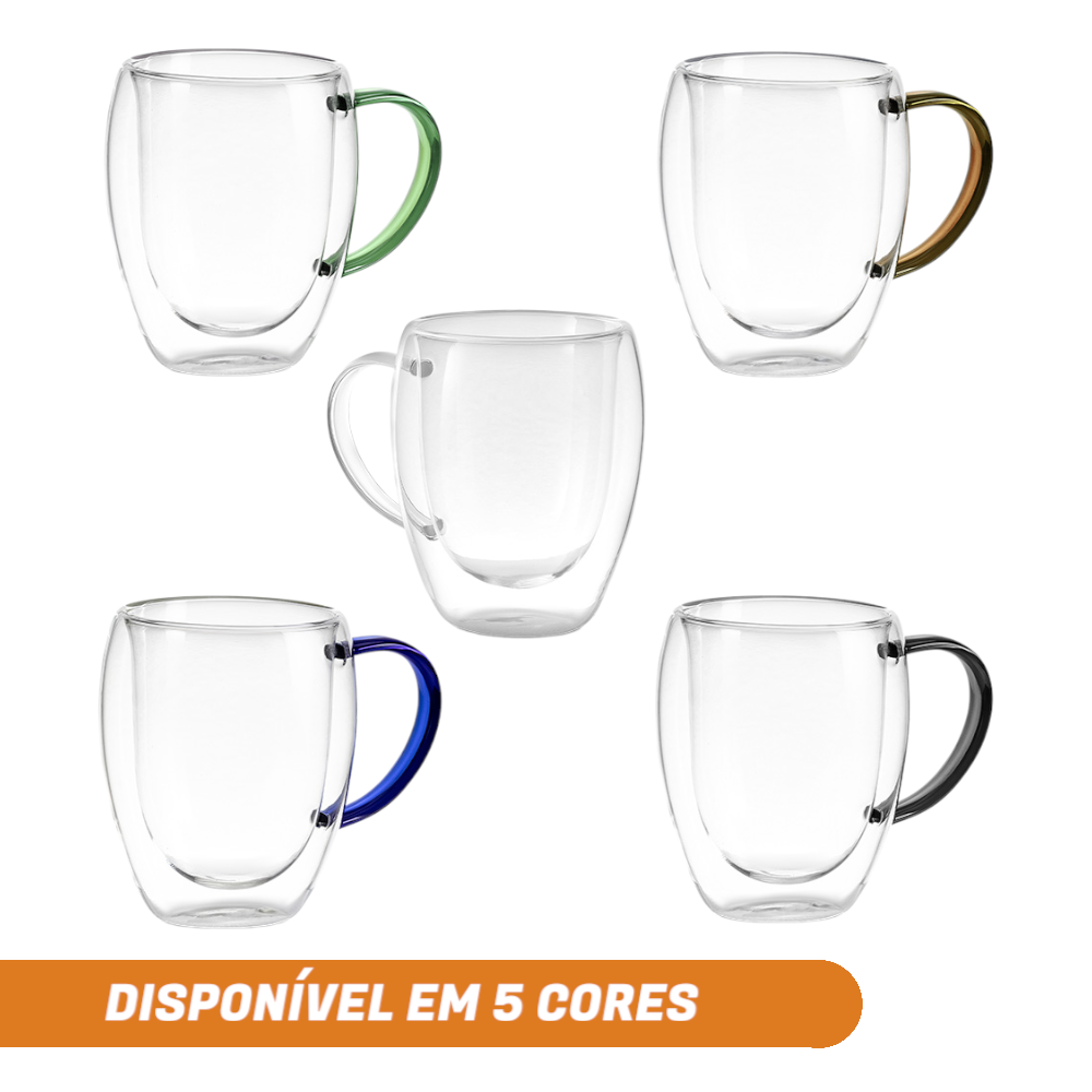 Kit 2 Xícaras em Vidro Borossilicato Parede Dupla 350ml Transparente