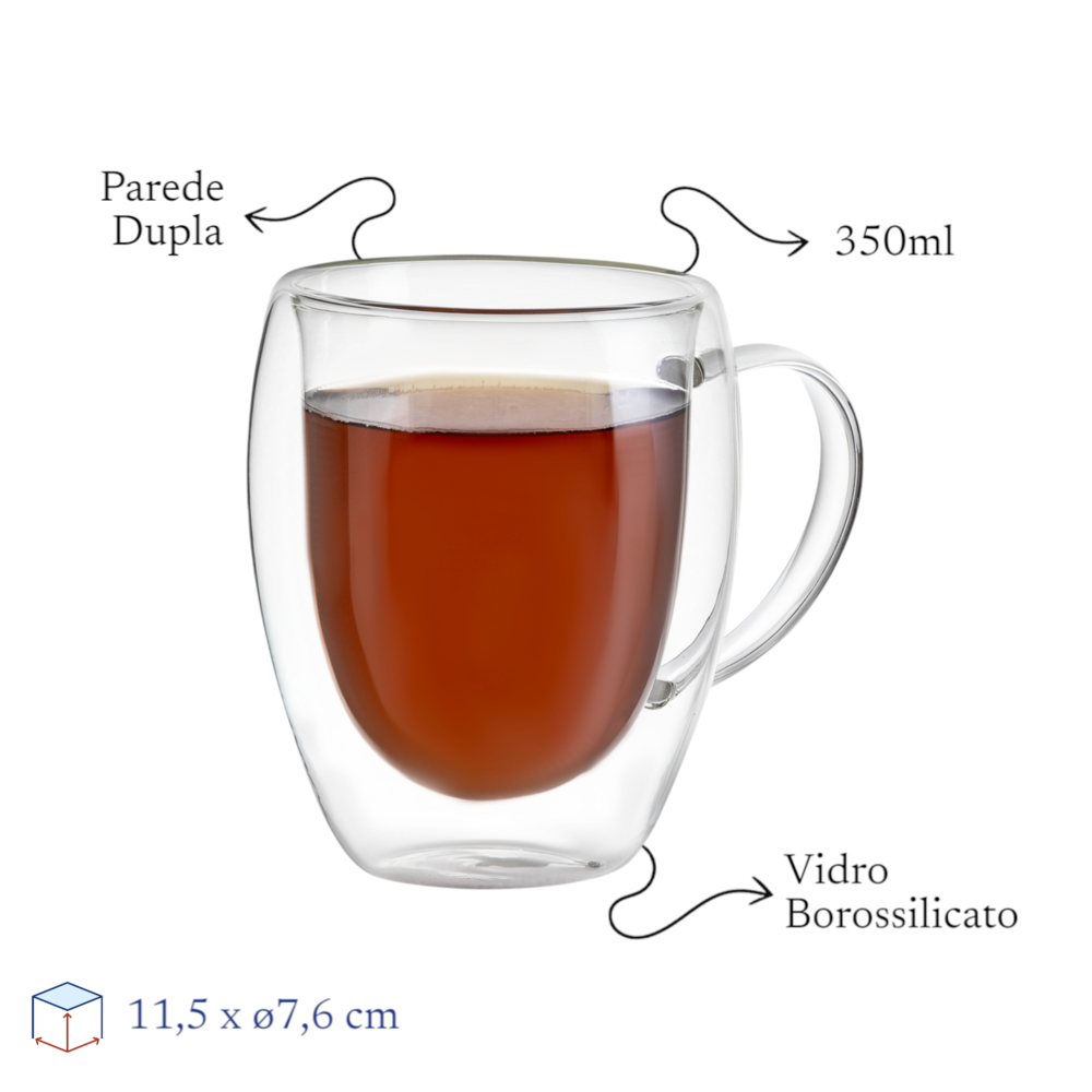 Kit 2 Xícaras em Vidro Borossilicato Parede Dupla 350ml Transparente