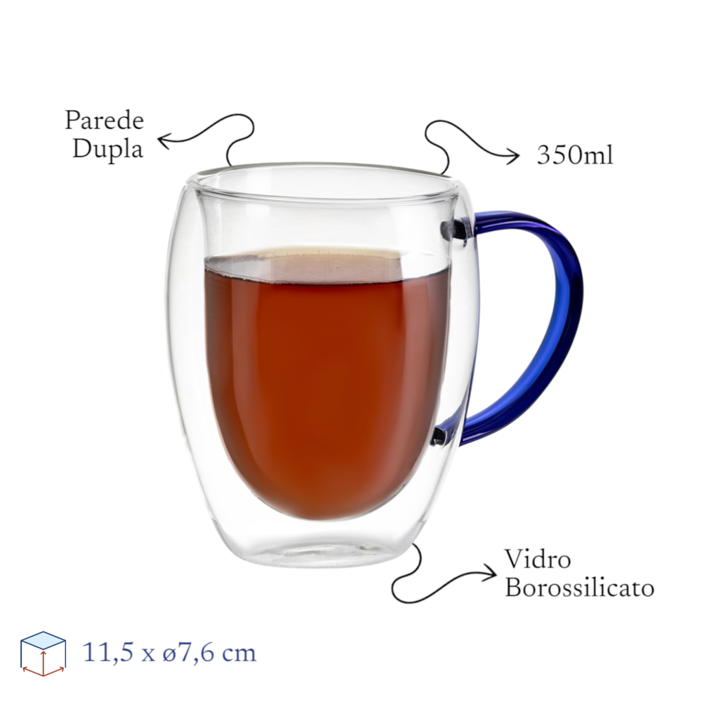 Kit 2 Xícaras em Vidro Borossilicato Parede Dupla 350ml Azul