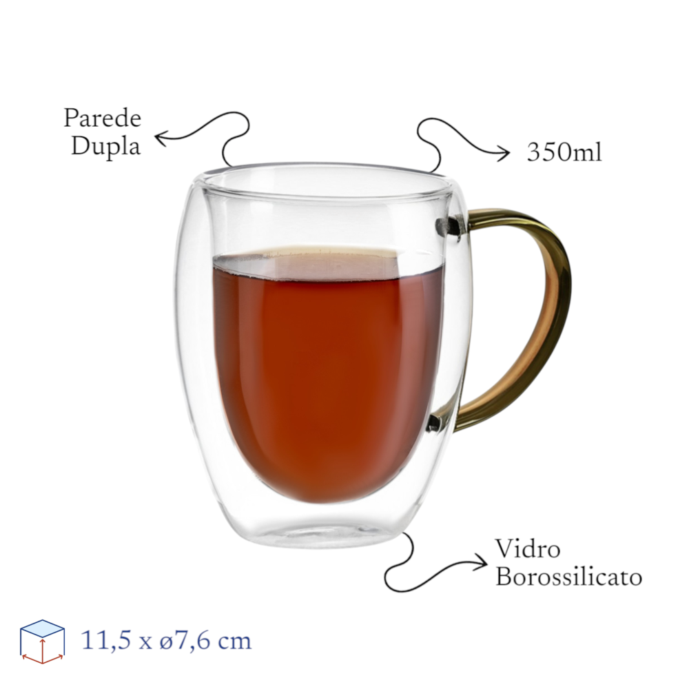 Kit 2 Xícaras em Vidro Borossilicato Parede Dupla 350ml Marrom