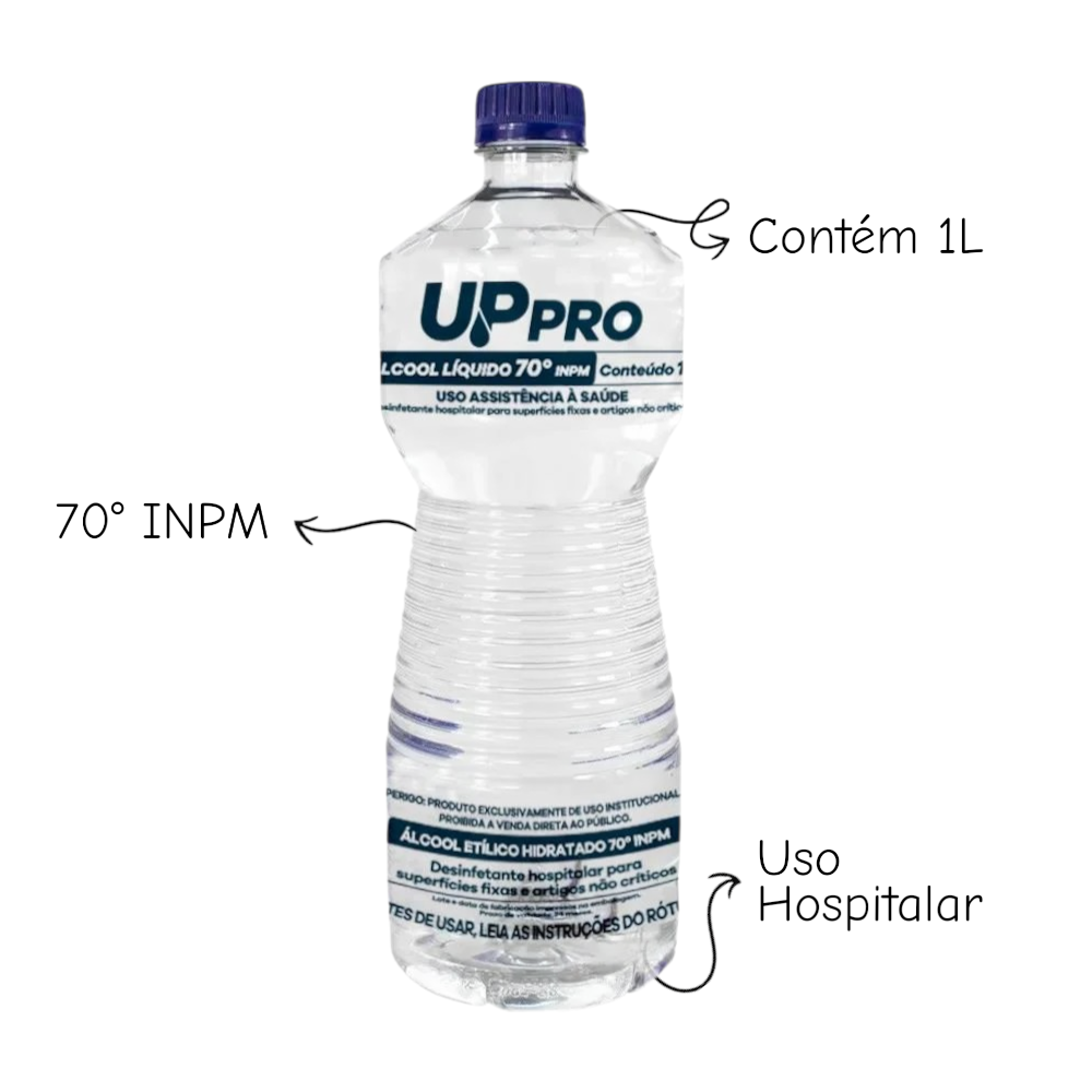 Kit 3 Álcool Líquido 70% 1L UPPRO – Desinfetante Hospitalar Antisséptico Multiuso
