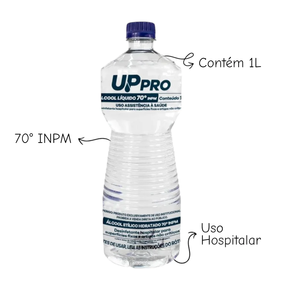Álcool Líquido 70% 1L UPPRO – Desinfetante Hospitalar Antisséptico Multiuso