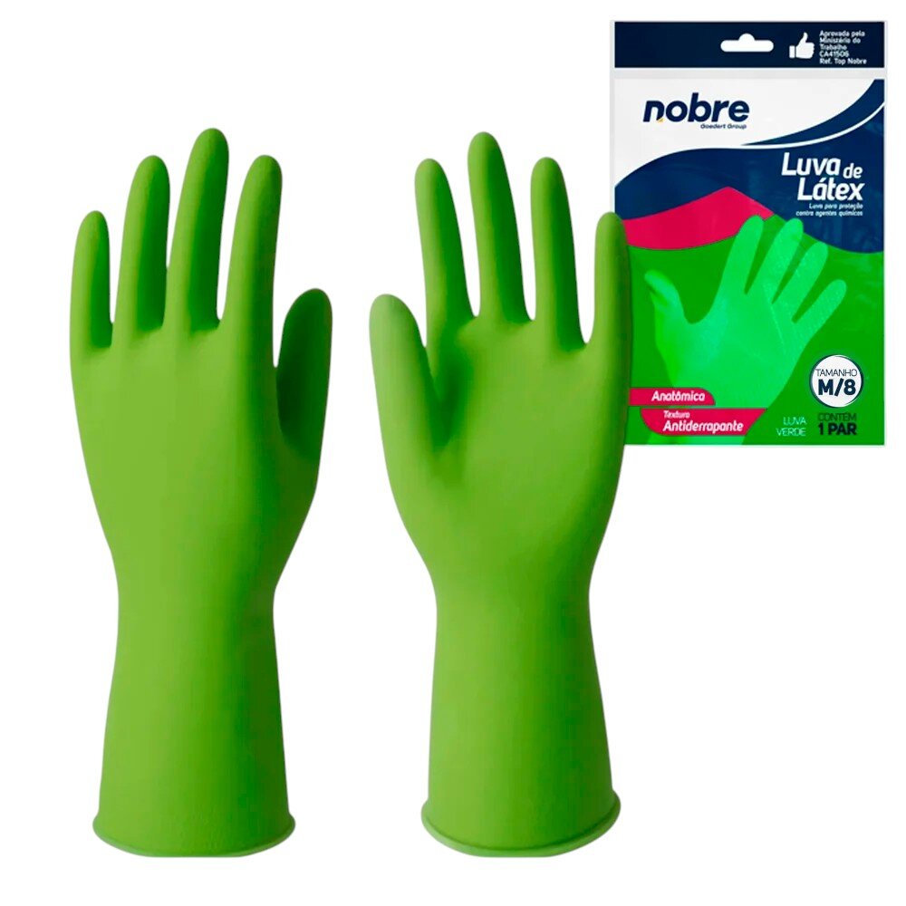 Par de Luvas Nobre Látex M p/ Agentes Químicos Resistente e Segura Verde