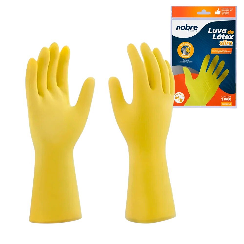 Par de Luvas Nobre Látex M p/ Agentes Químicos Resistente e Segura Amarelo
