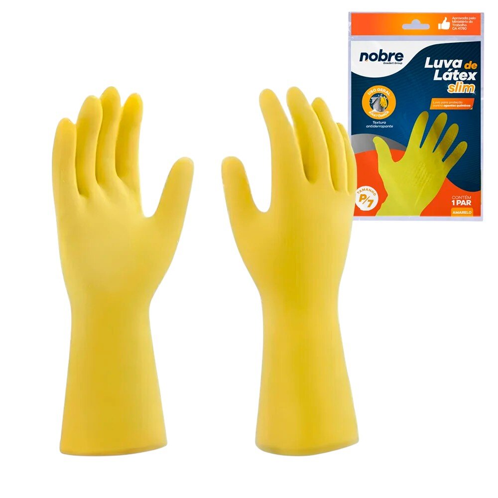 Par de Luvas Nobre Látex P p/ Agentes Químicos Resistente e Segura Amarelo