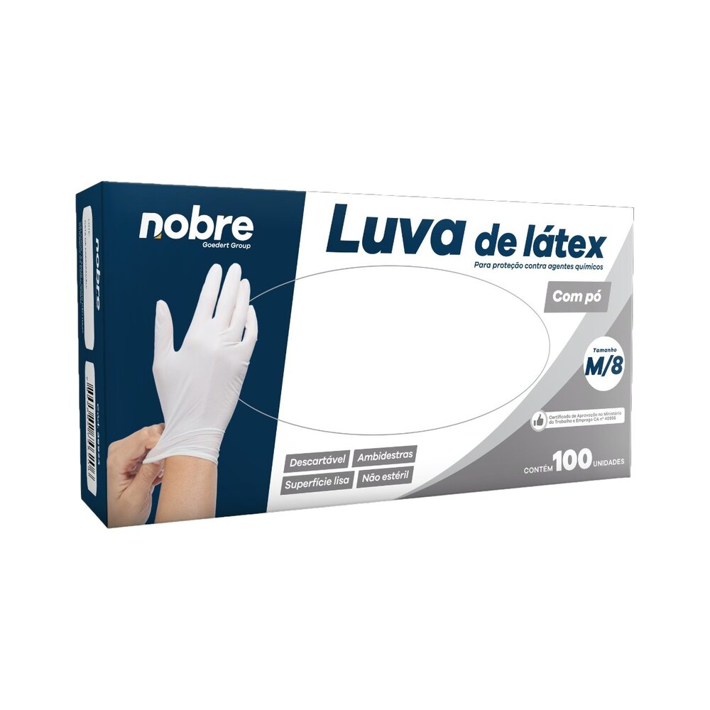Caixa com 100 Luvas Látex com Pó M Nobre Saúde e Químicos Descartável Branca