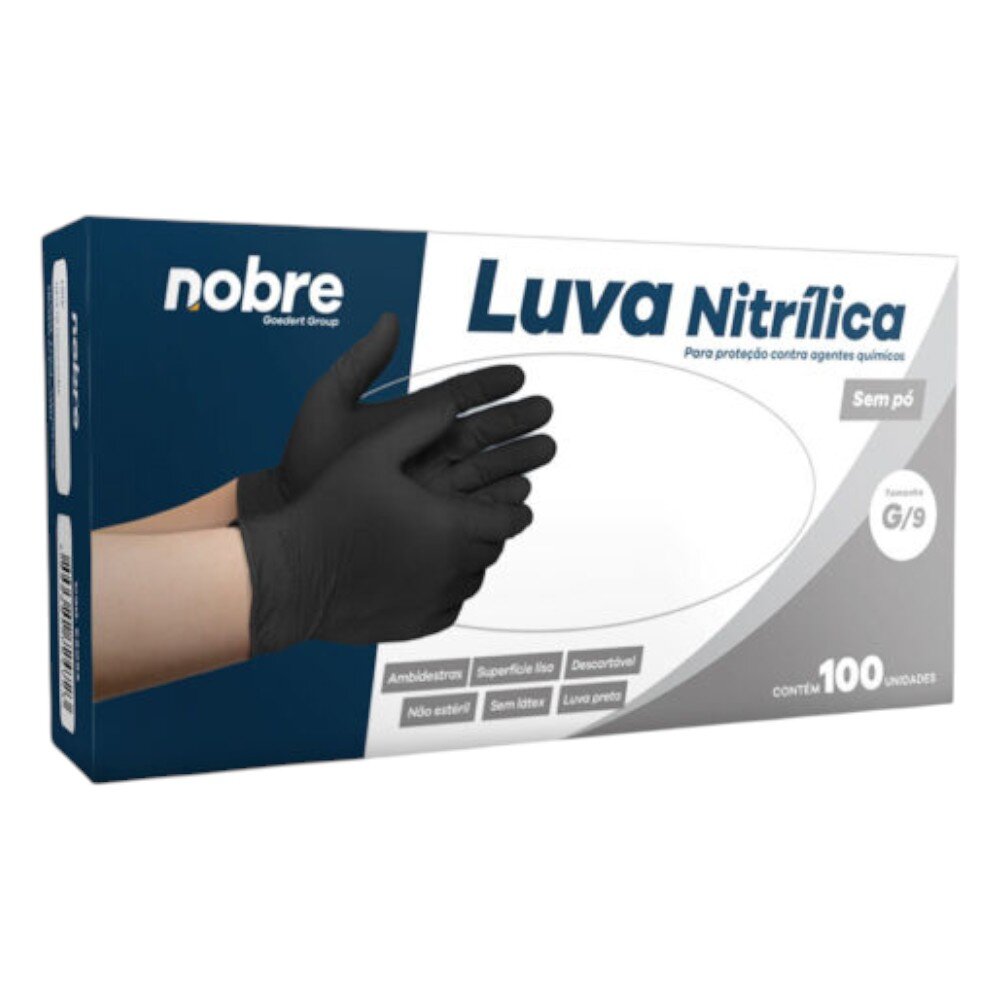 Caixa com 100 Luvas Nitrílicas sem Pó G Nobre Proteção Químicos Descartável Preta