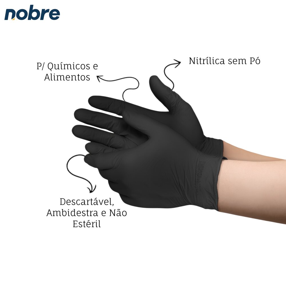 Caixa com 100 Luvas Nitrílicas sem Pó M Nobre Proteção Químicos Descartável Preta