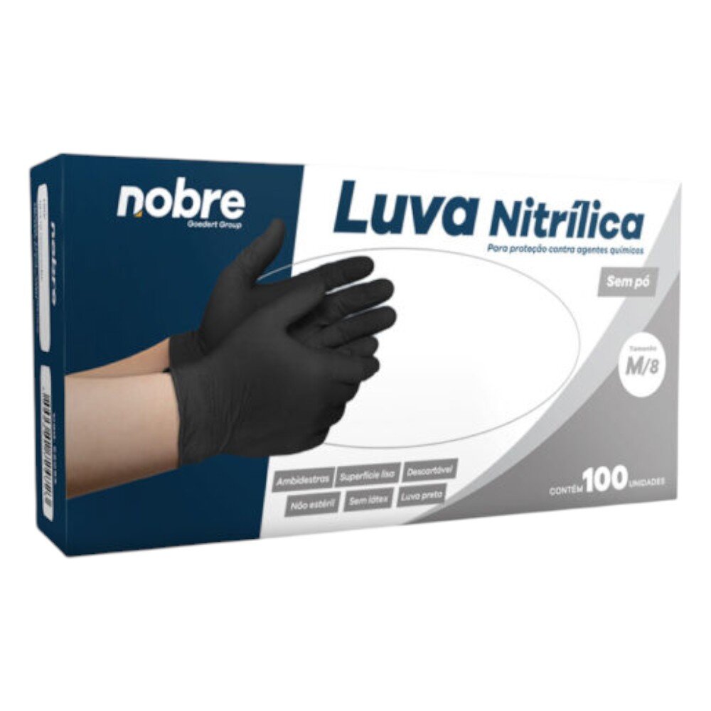 Caixa com 100 Luvas Nitrílicas sem Pó M Nobre Proteção Químicos Descartável Preta